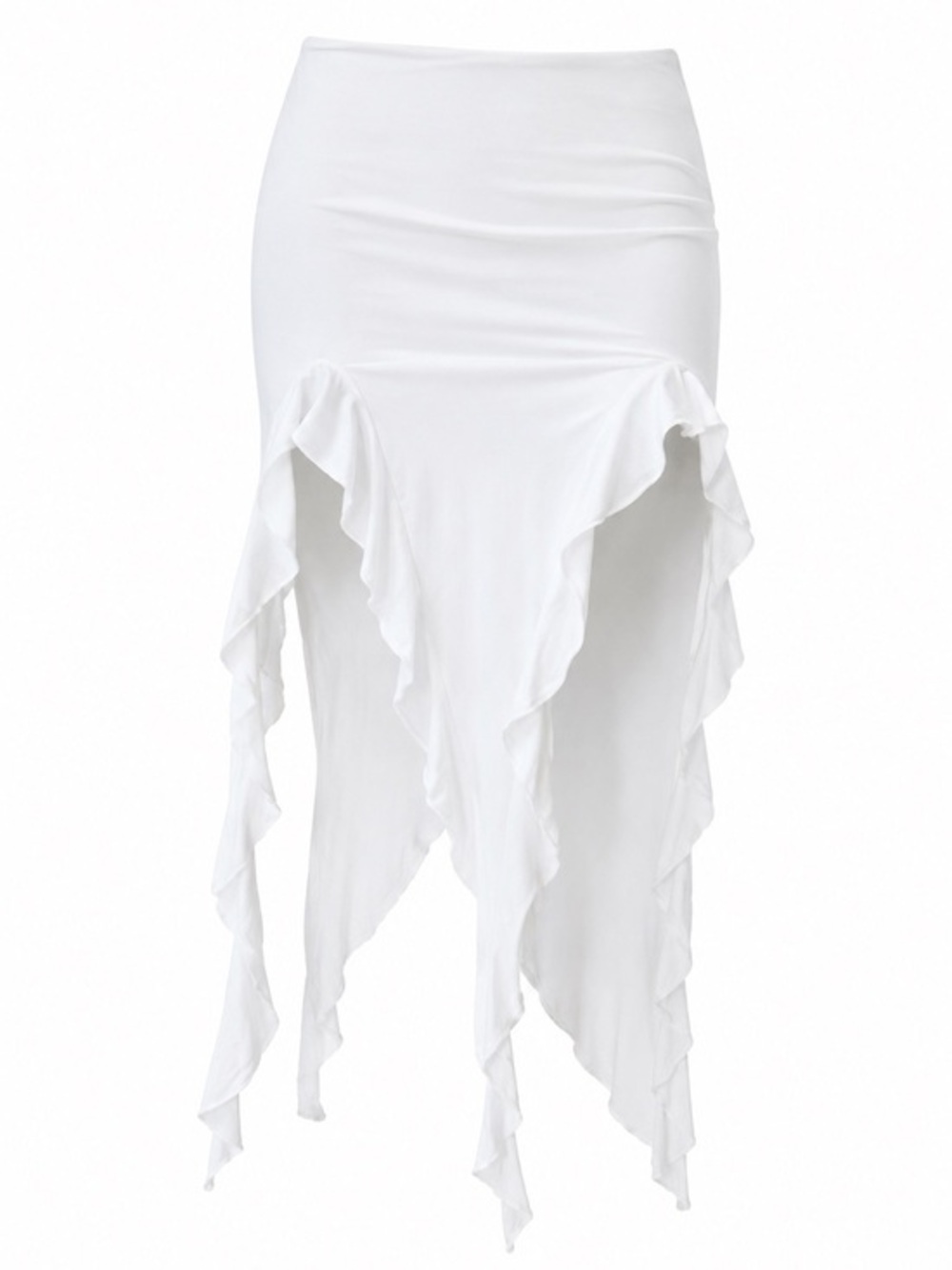 Princess Polly White Asymmetrical Ruffle High-Slit Midi Skirt